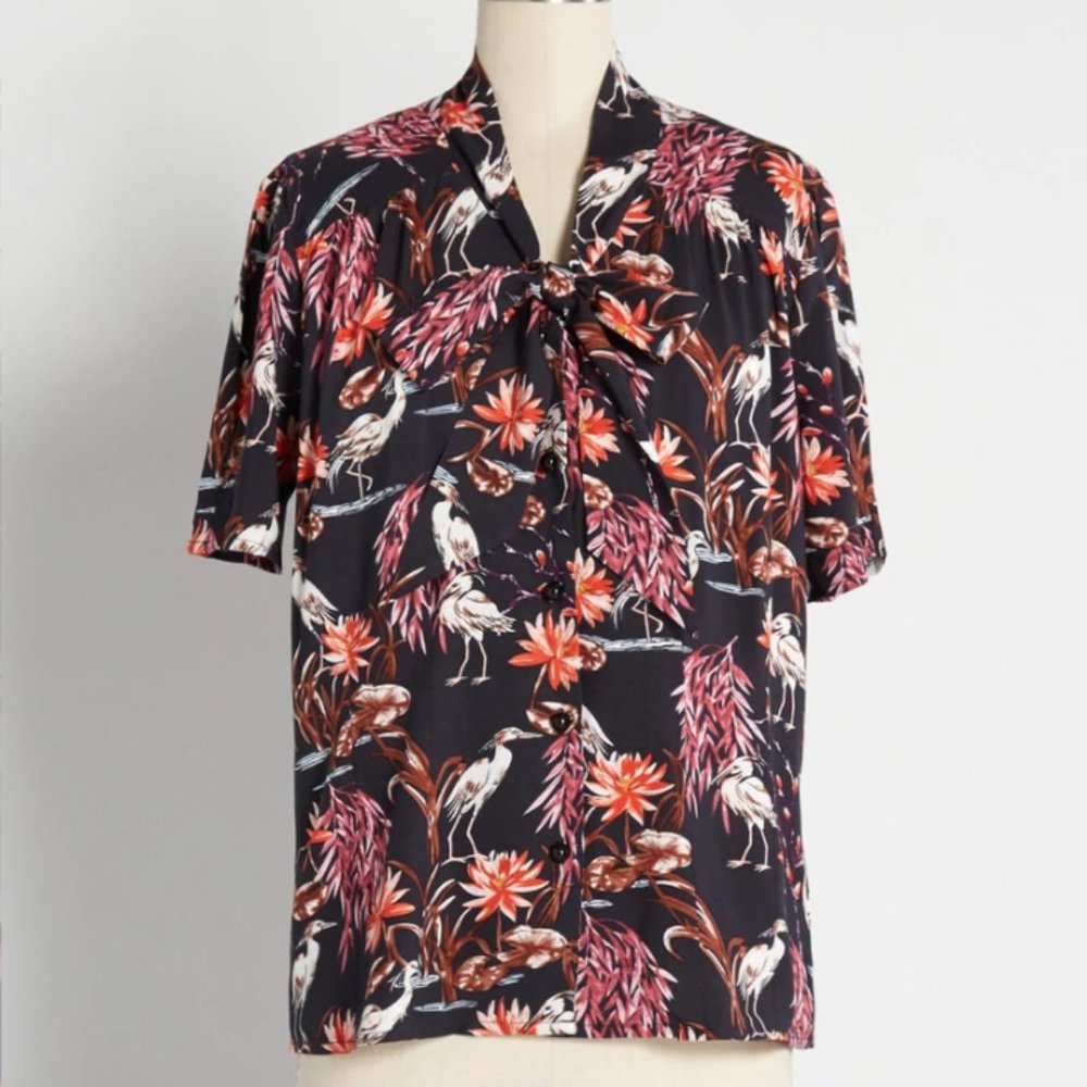 Hell Bunny flights of fancy tie neck blouse